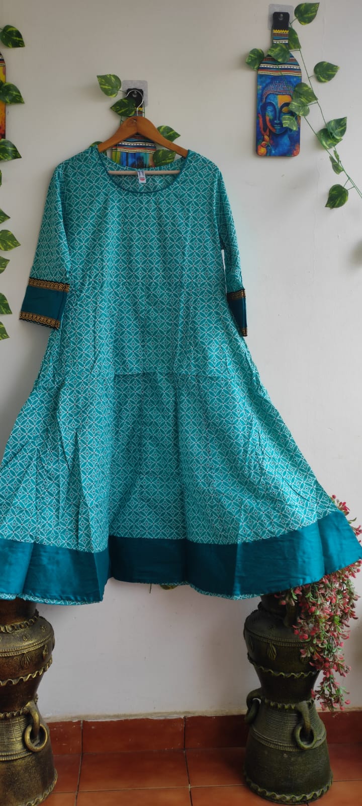 Sea green & white Jaipuri Anarkali