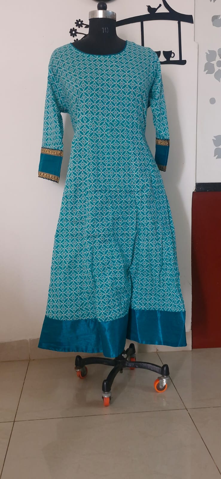 Sea green & white Jaipuri Anarkali