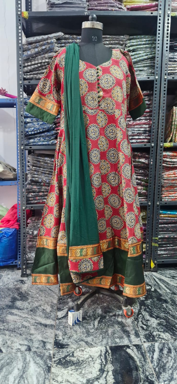 Rustic Brick and Green kalamkari Anarkali