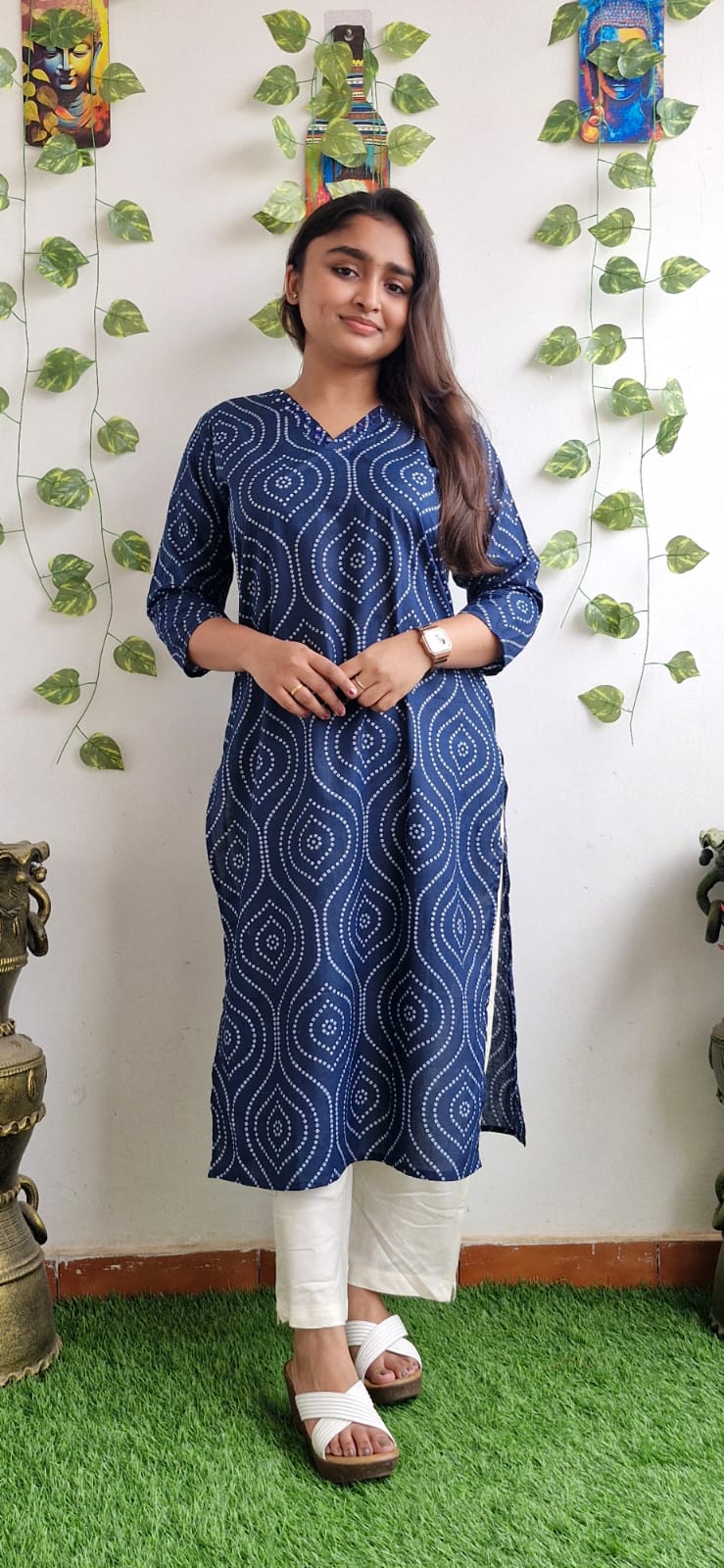 Indigo Bandhini mirror work kurta