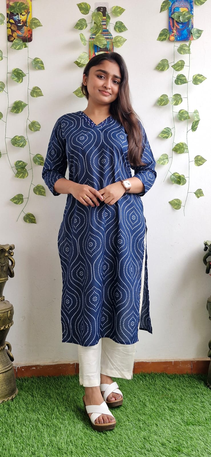 Indigo Bandhini mirror work kurta