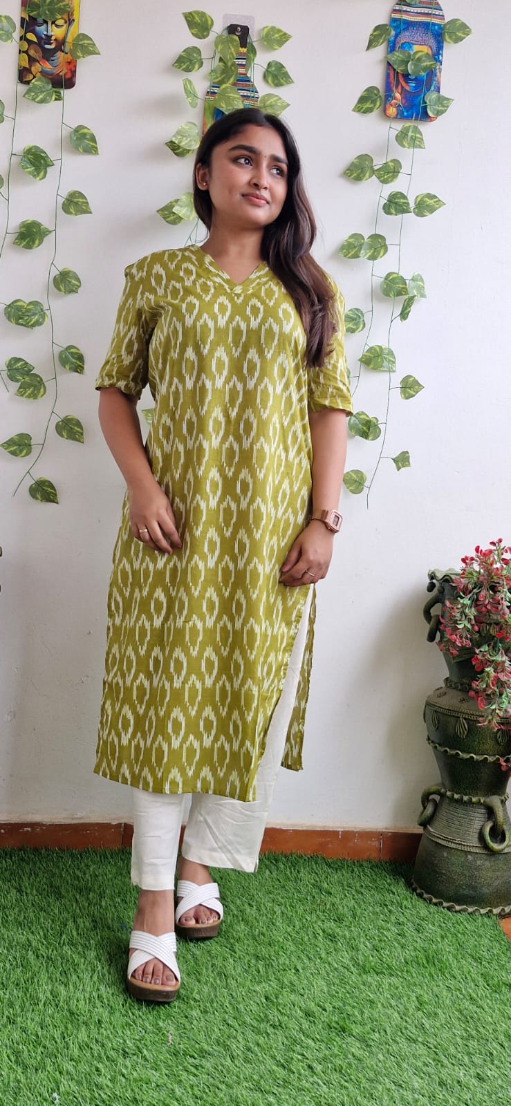Olive Geometric printed kurta