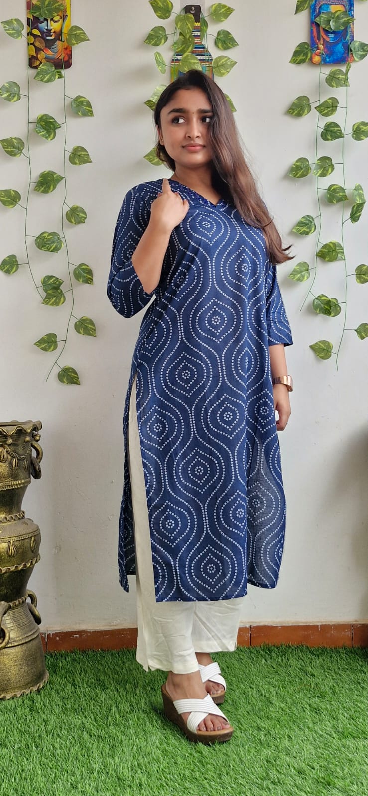 Indigo Bandhini mirror work kurta