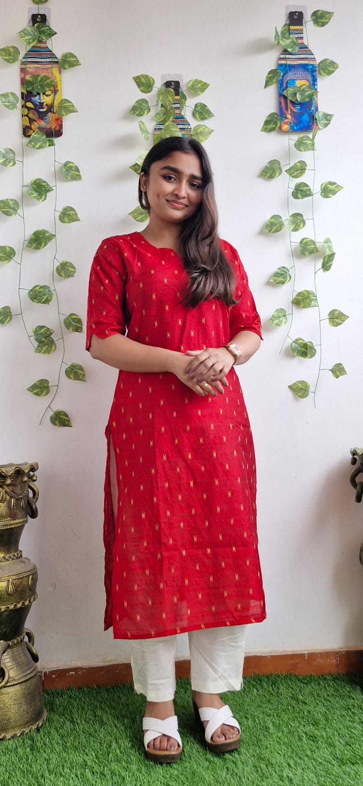 Red zari semi silk kurta