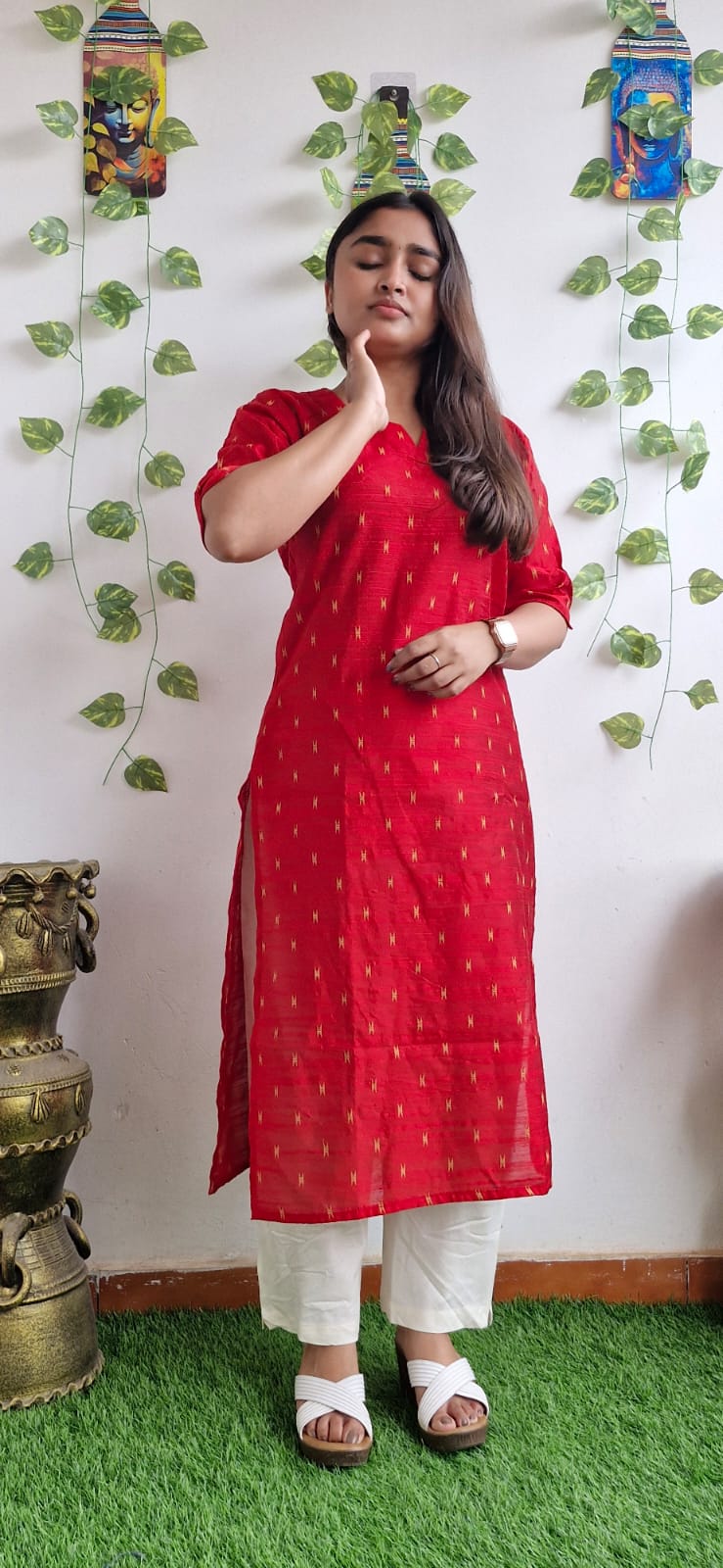 Red zari semi silk kurta