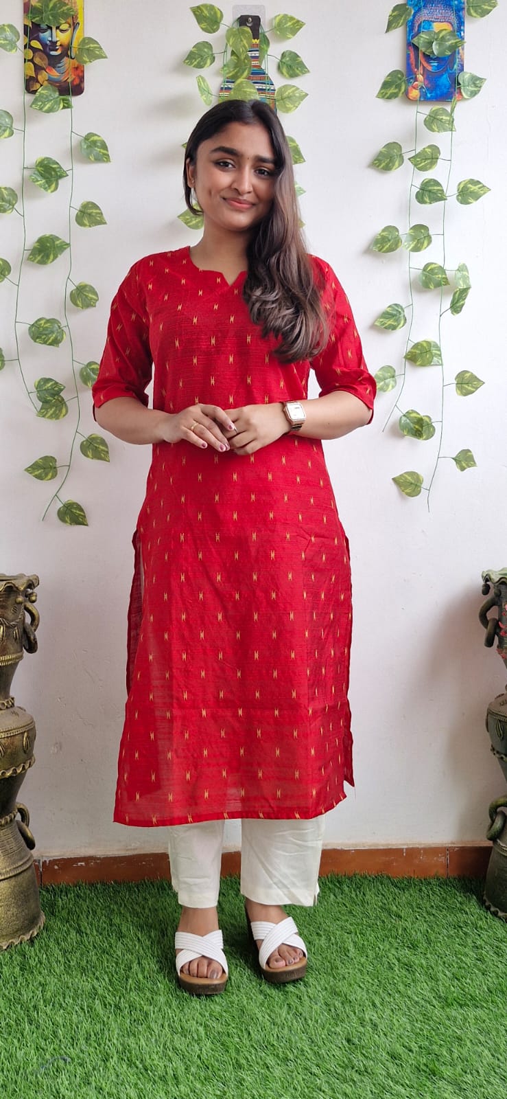 Red zari semi silk kurta