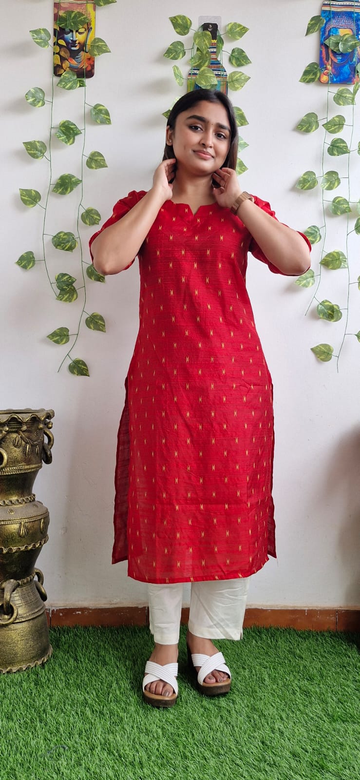 Red zari semi silk kurta