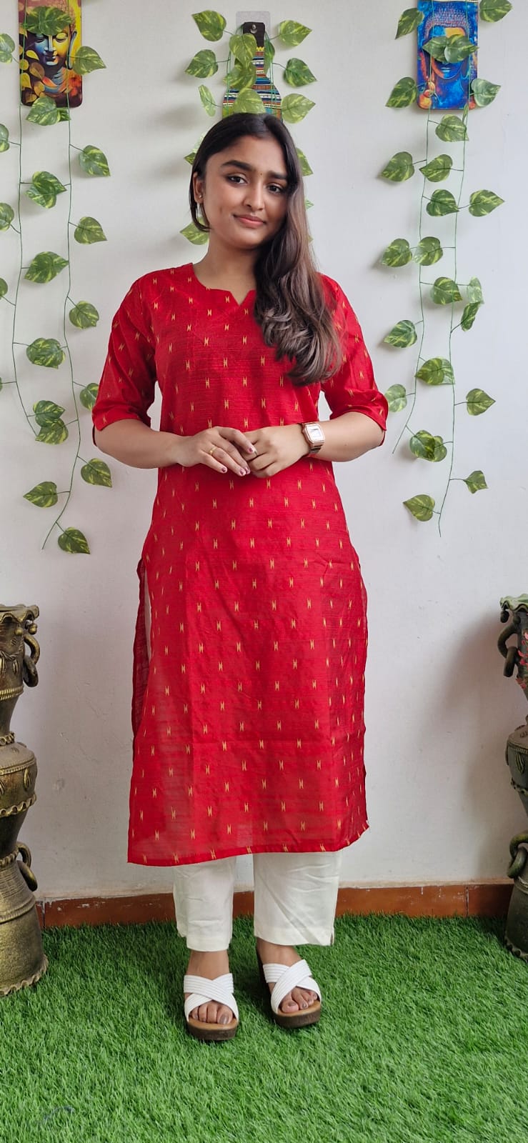 Red zari semi silk kurta