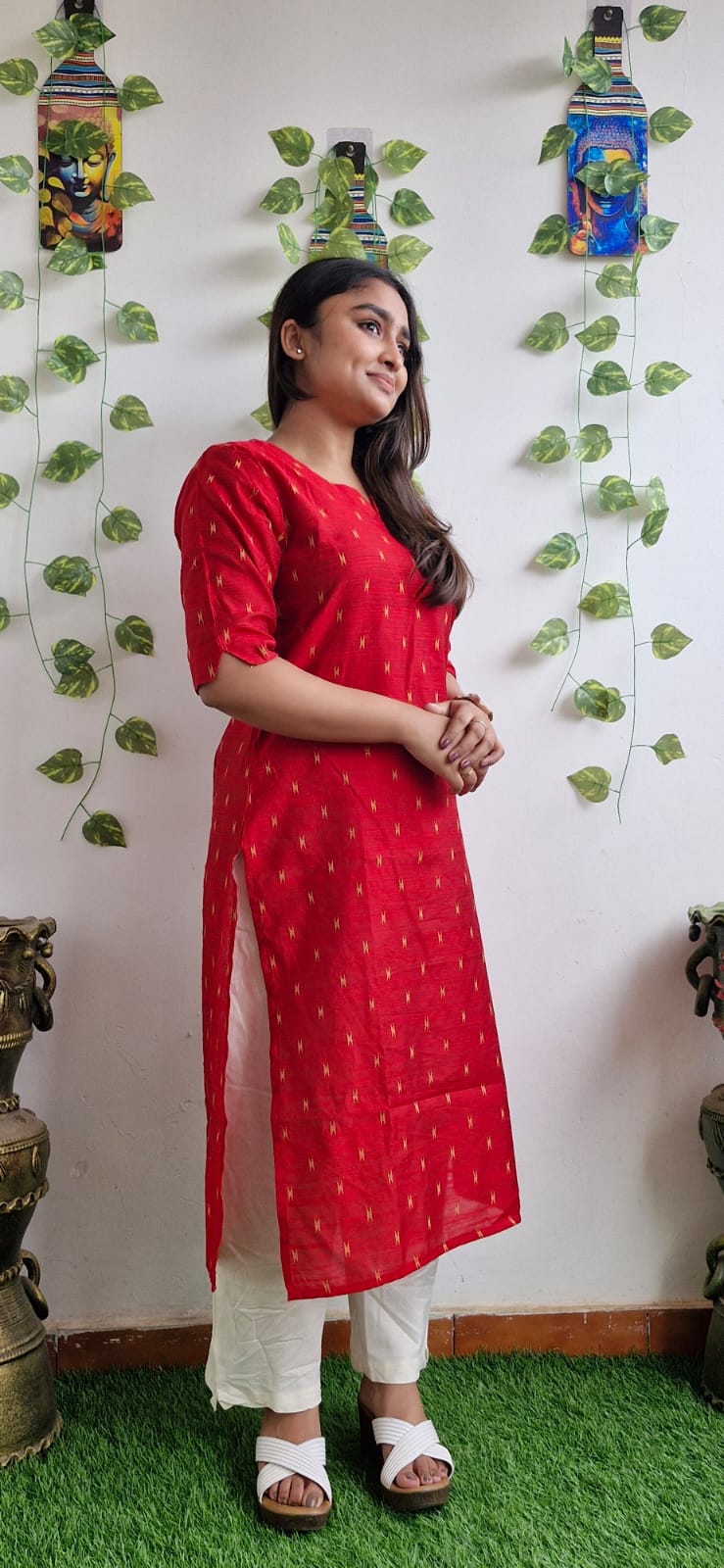 Red zari semi silk kurta