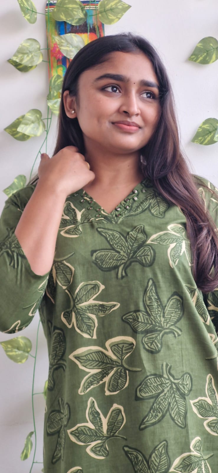 Olive floral mirror work kurta