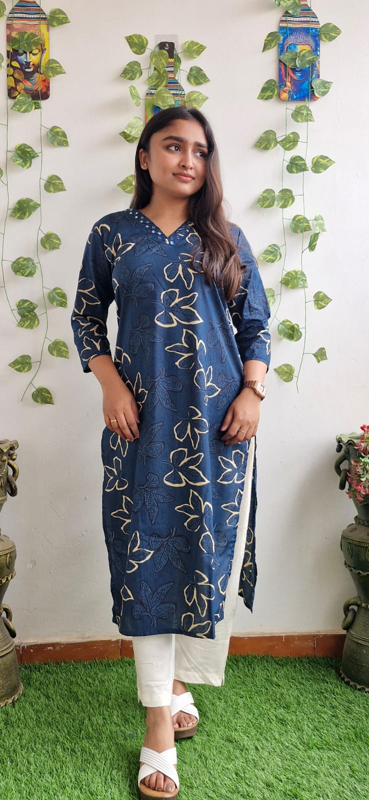 Blue floral mirror work kurta