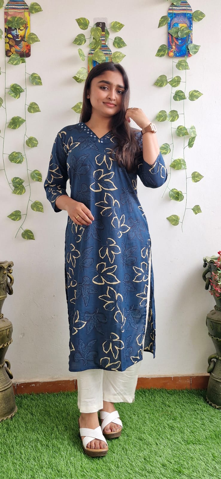 Blue floral mirror work kurta
