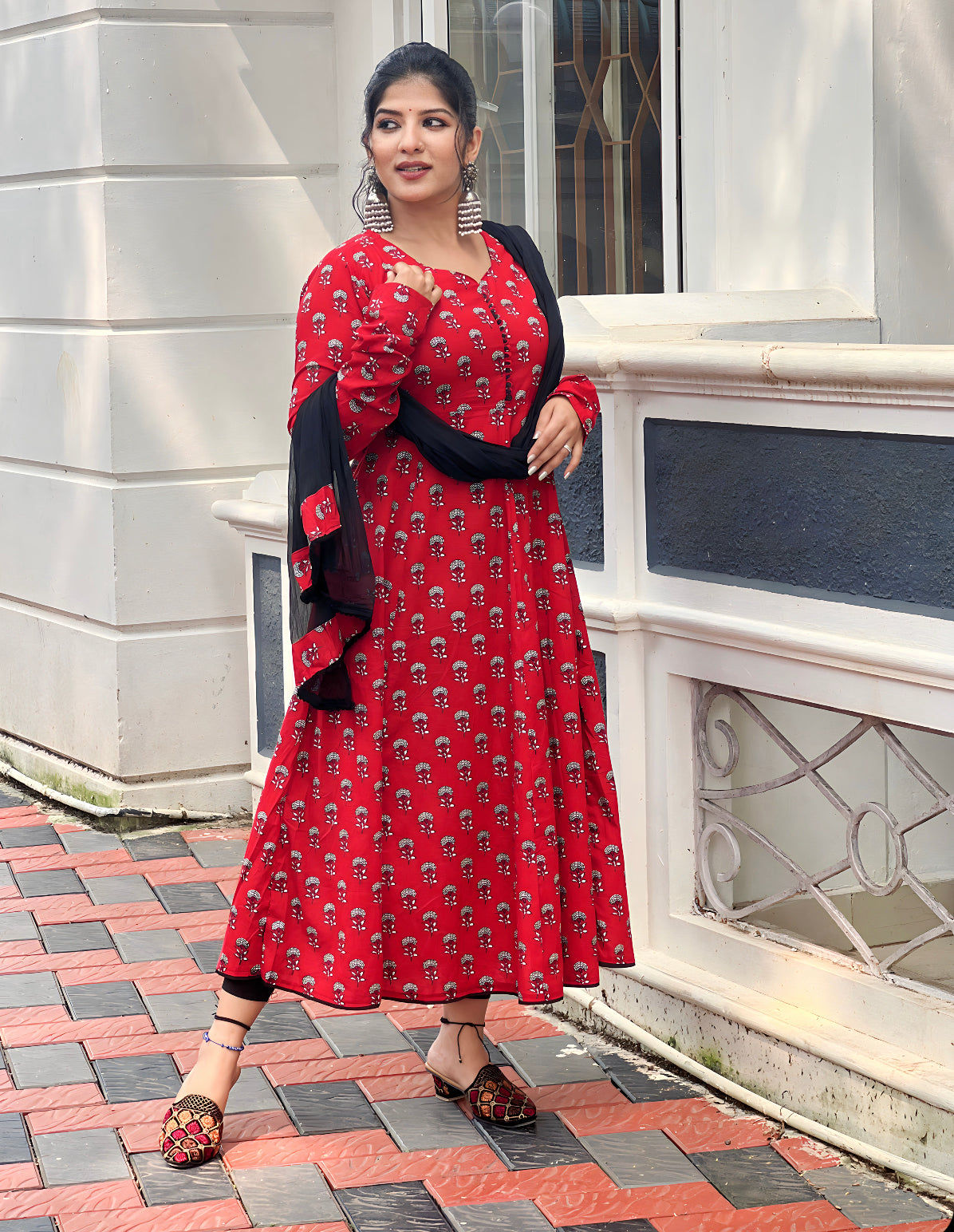 Red & Black Floral jaipuri Anarkali