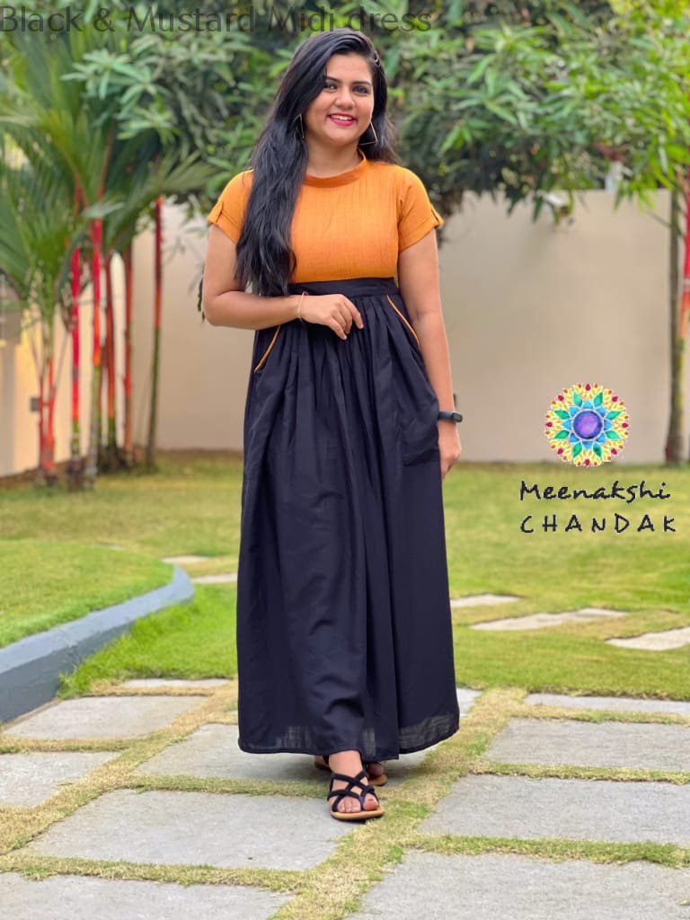Black & Mustard Midi Dress Casuals