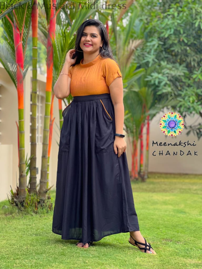 Black & Mustard Midi Dress Casuals