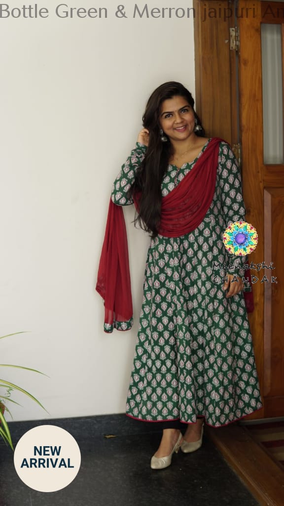 Bottle Green & Merron Jaipuri Anarkali Sets