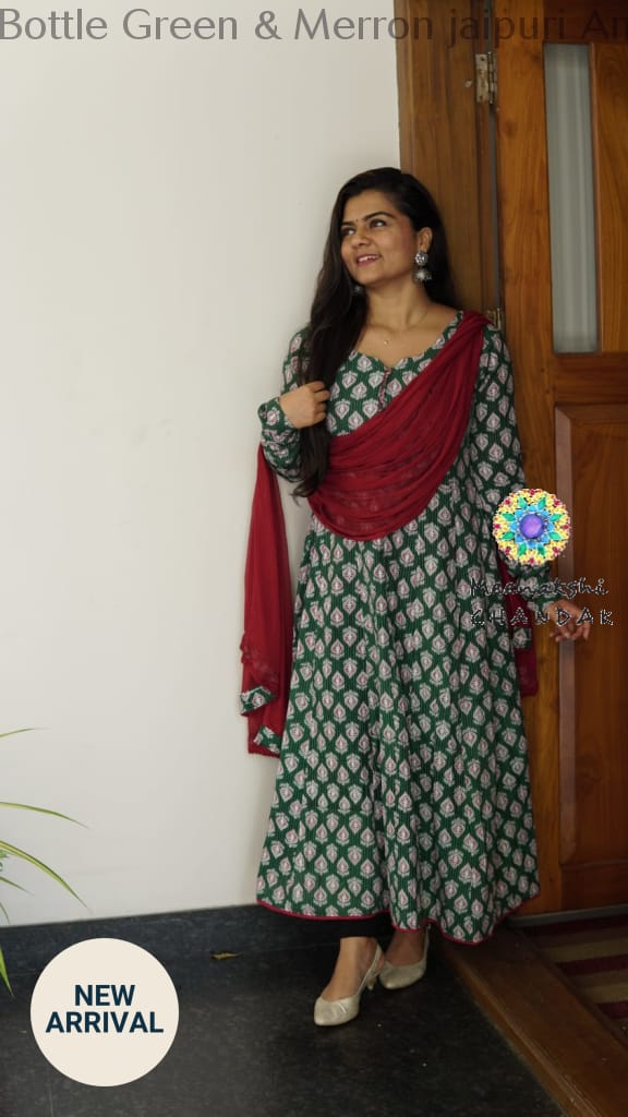 Bottle Green & Merron Jaipuri Anarkali Sets