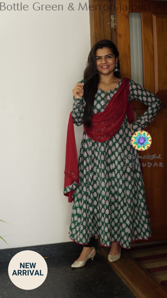 Bottle Green & Merron Jaipuri Anarkali Sets