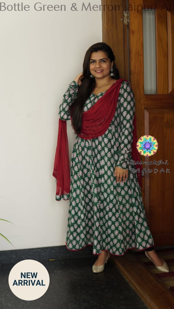 Bottle Green & Merron Jaipuri Anarkali Sets