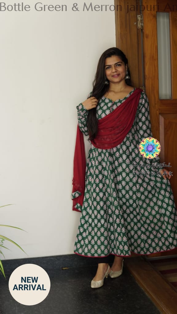 Bottle Green & Merron Jaipuri Anarkali Small Sets
