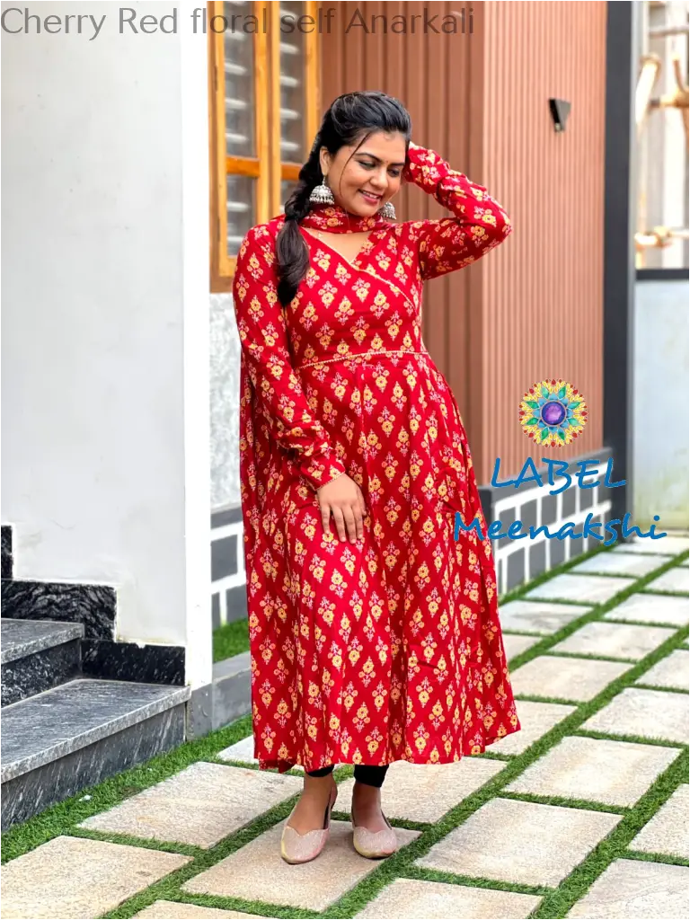 Cherry Red floral self Anarkali SET T&D