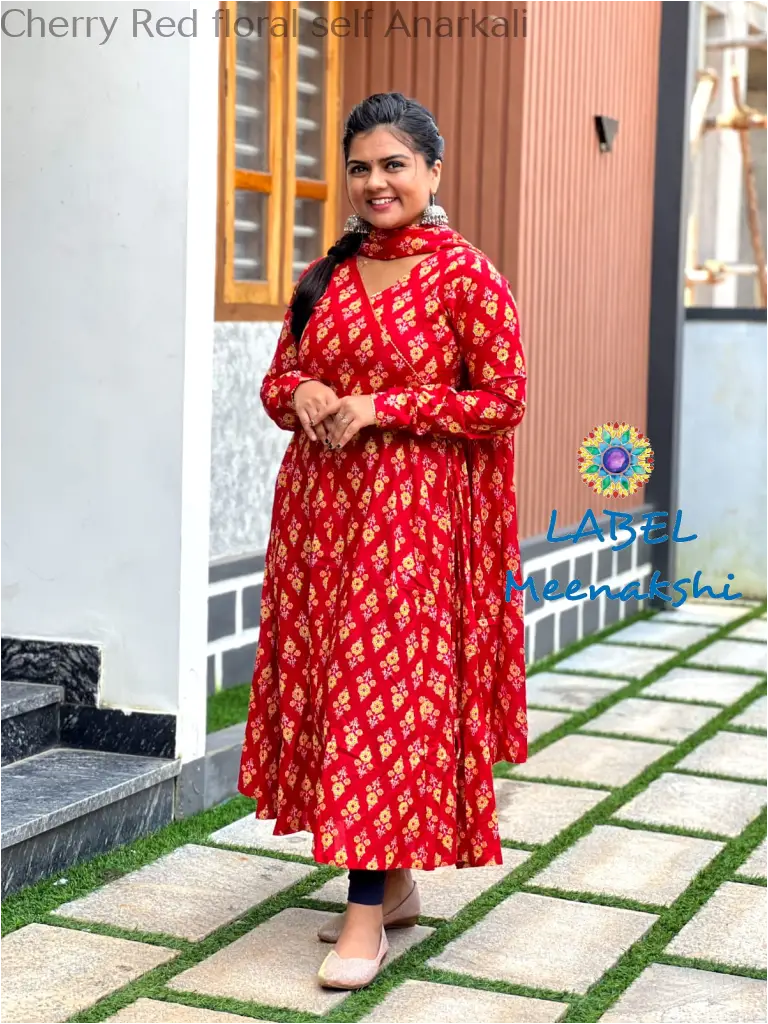 Cherry Red floral self Anarkali SET T&D