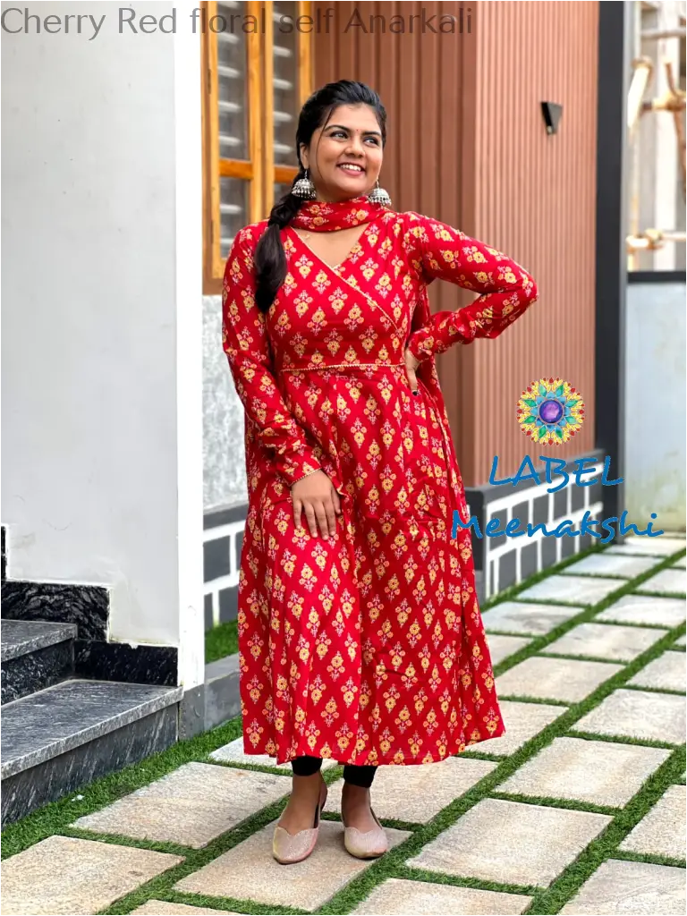Cherry Red floral self Anarkali SET T&D