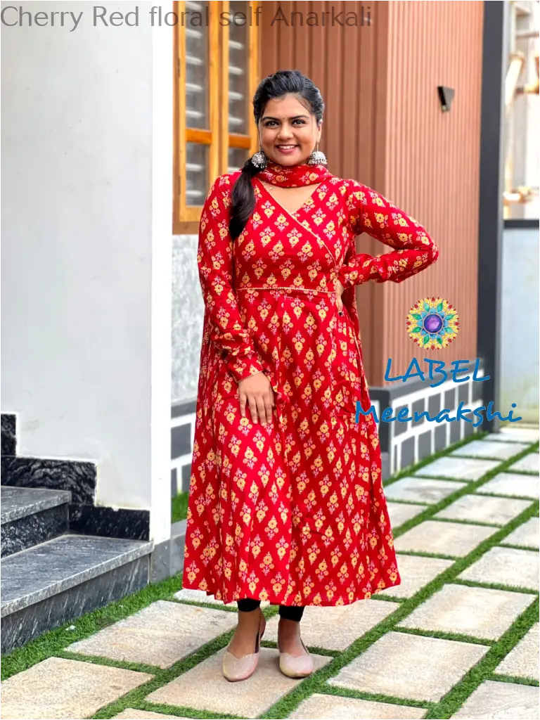 Cherry Red floral self Anarkali SET T&D