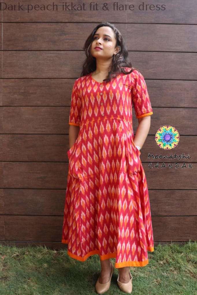 Dark Peach Ikkat Fit & Flare Dress Casuals