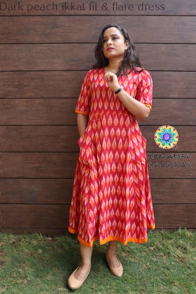 Dark Peach Ikkat Fit & Flare Dress Casuals