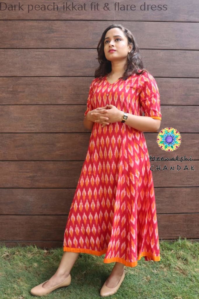 Dark Peach Ikkat Fit & Flare Dress Casuals