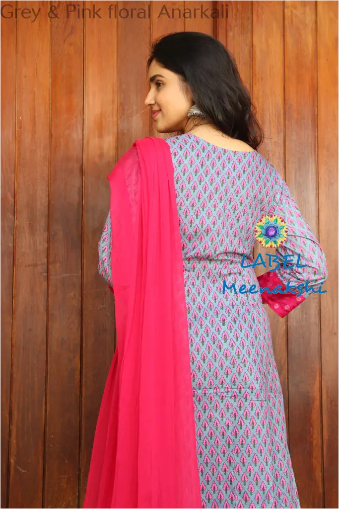 Grey & Pink Floral Jaipuri Anarkali Sets