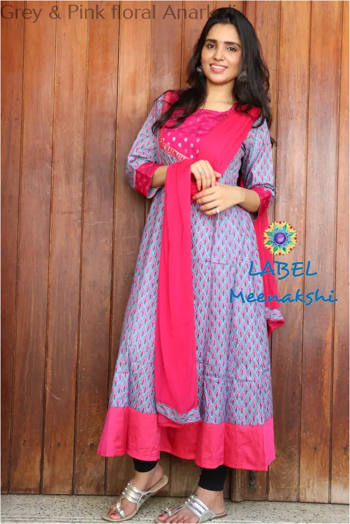 Grey & Pink Floral Jaipuri Anarkali Sets