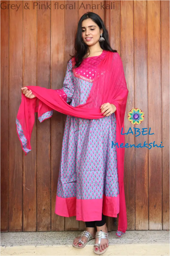 Grey & Pink Floral Jaipuri Anarkali Sets