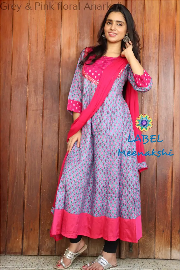 Grey & Pink Floral Jaipuri Anarkali Sets