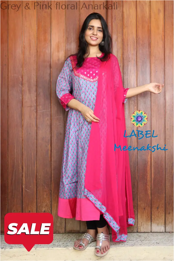 Grey & Pink Floral Jaipuri Anarkali Sets