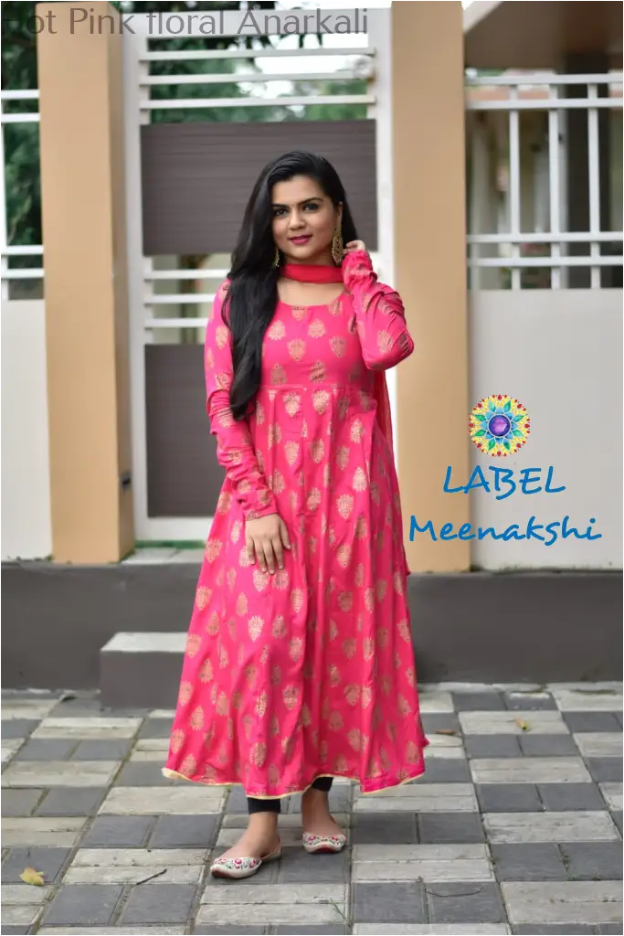 Hot Pink Floral Jaipuri Anarkali Xs Sets
