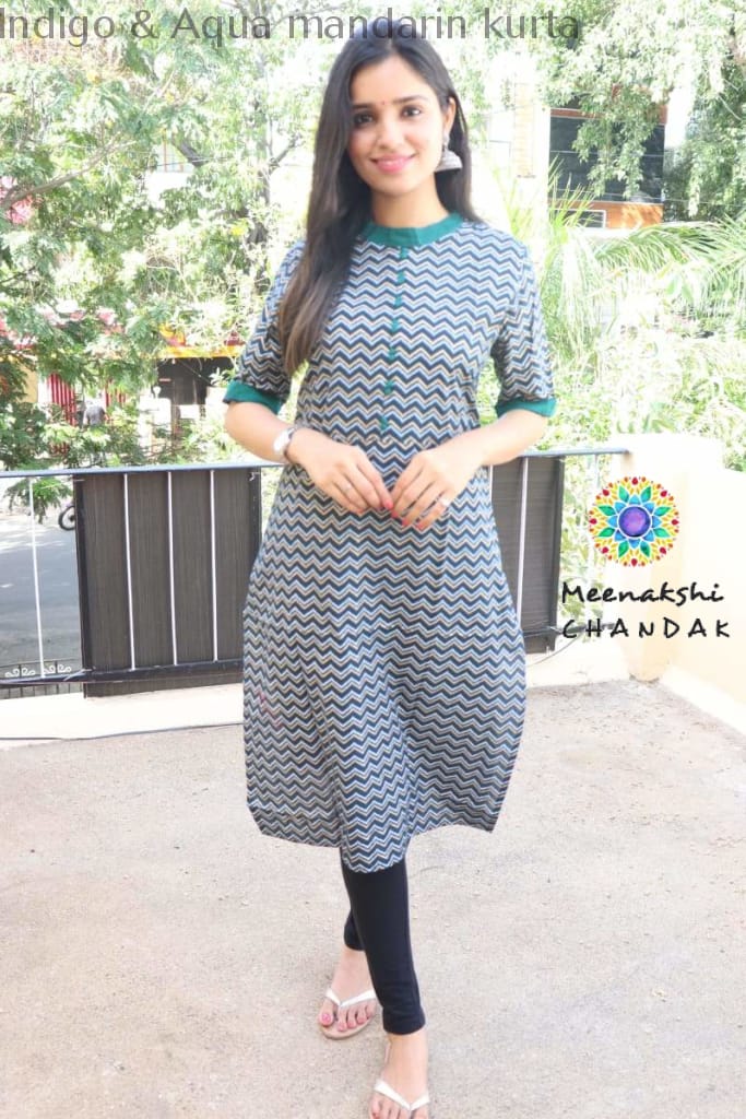Indigo & Aqua Mandarin Kurta S Best Offers