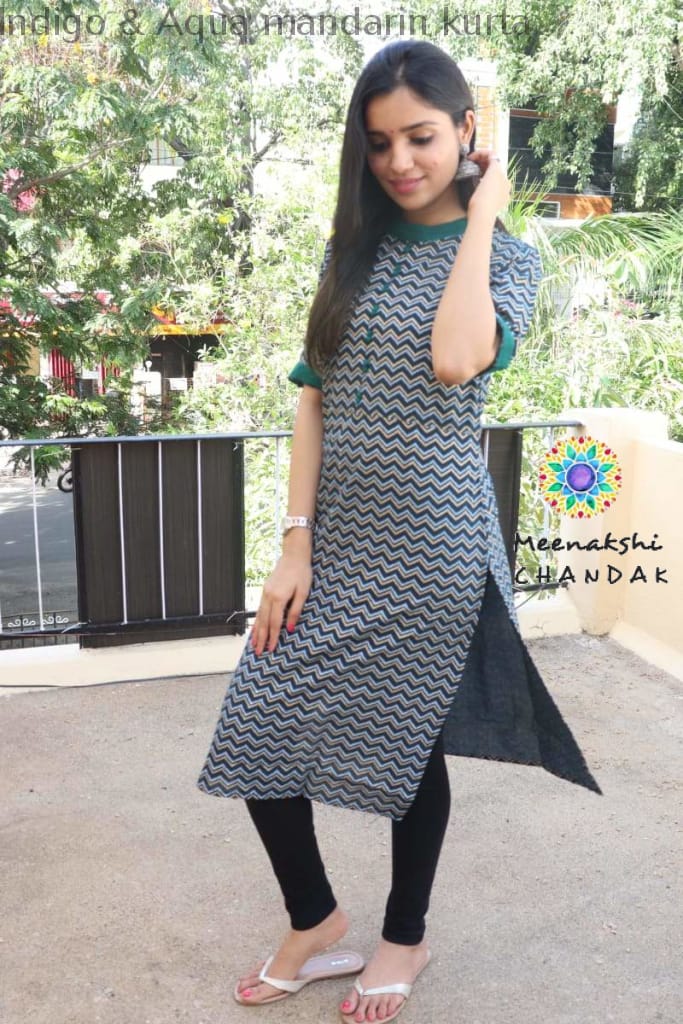 Indigo & Aqua Mandarin Kurta Best Offers