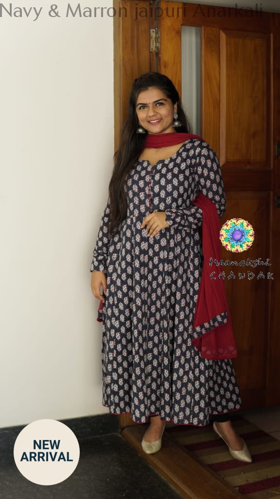 Navy & Marron Jaipuri Anarkali Sets
