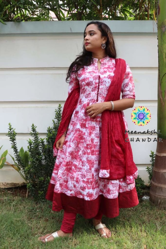 Off White Mandarin& Merron Anarkali With Duppatta Anarkali