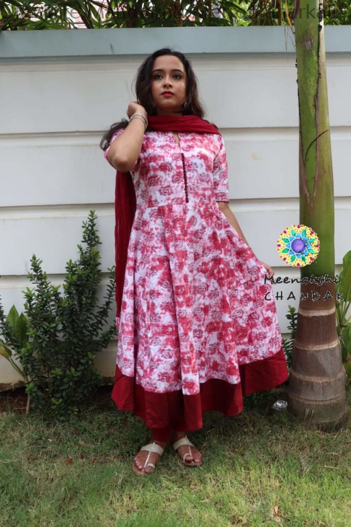 Off White Mandarin& Merron Anarkali With Duppatta Anarkali