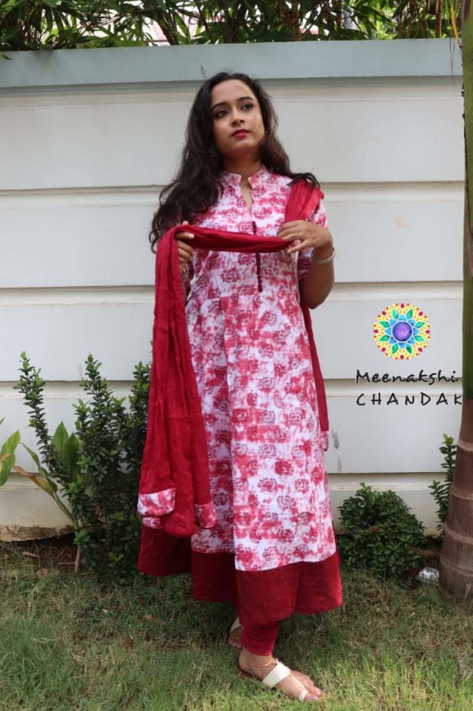 Off White Mandarin& Merron Anarkali With Duppatta Anarkali