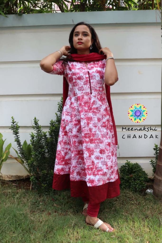 Off White Mandarin& Merron Anarkali With Duppatta Anarkali