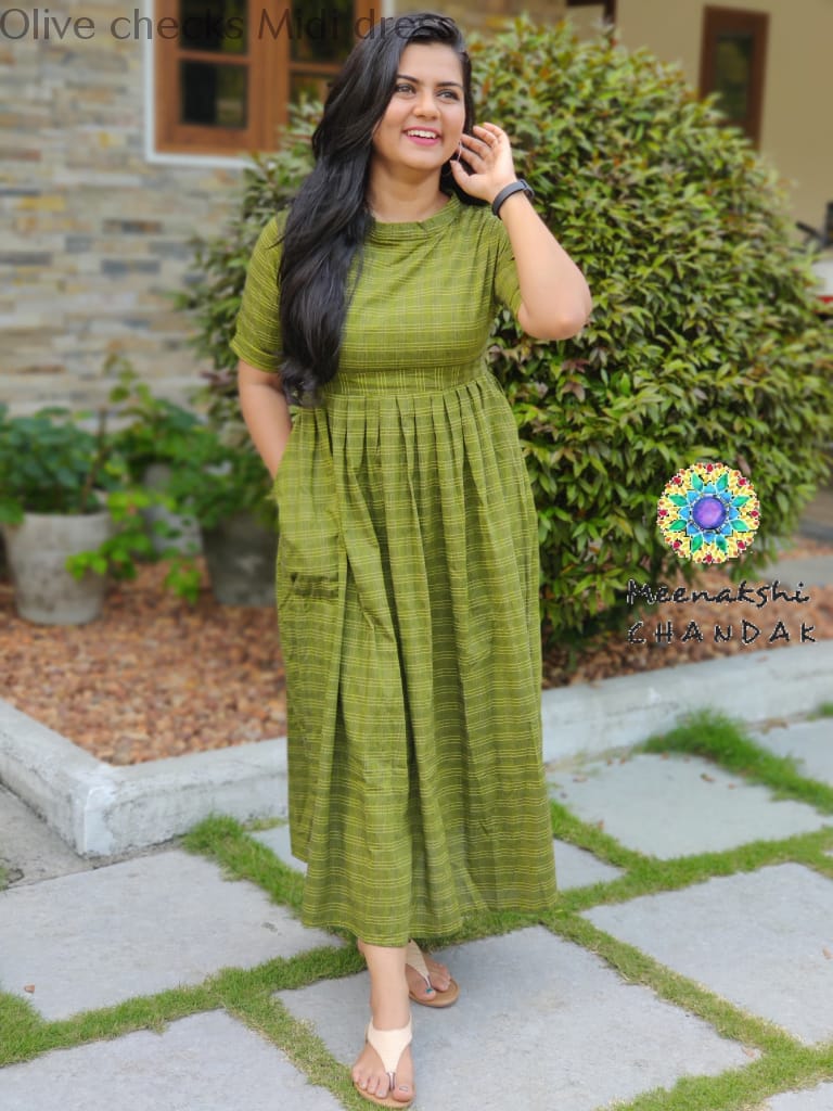 Olive Checks Midi Dress Casuals