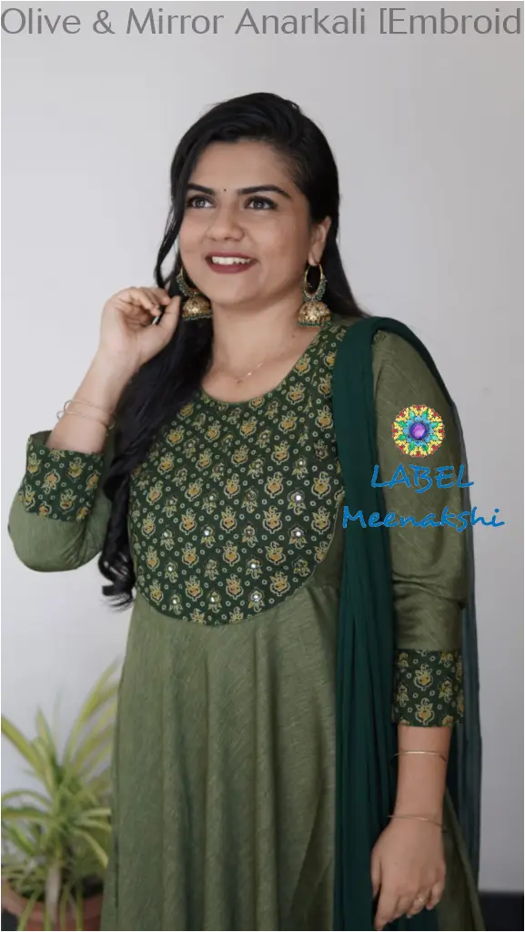 Olive & Mirror Emblished Solid Anarkali Sets