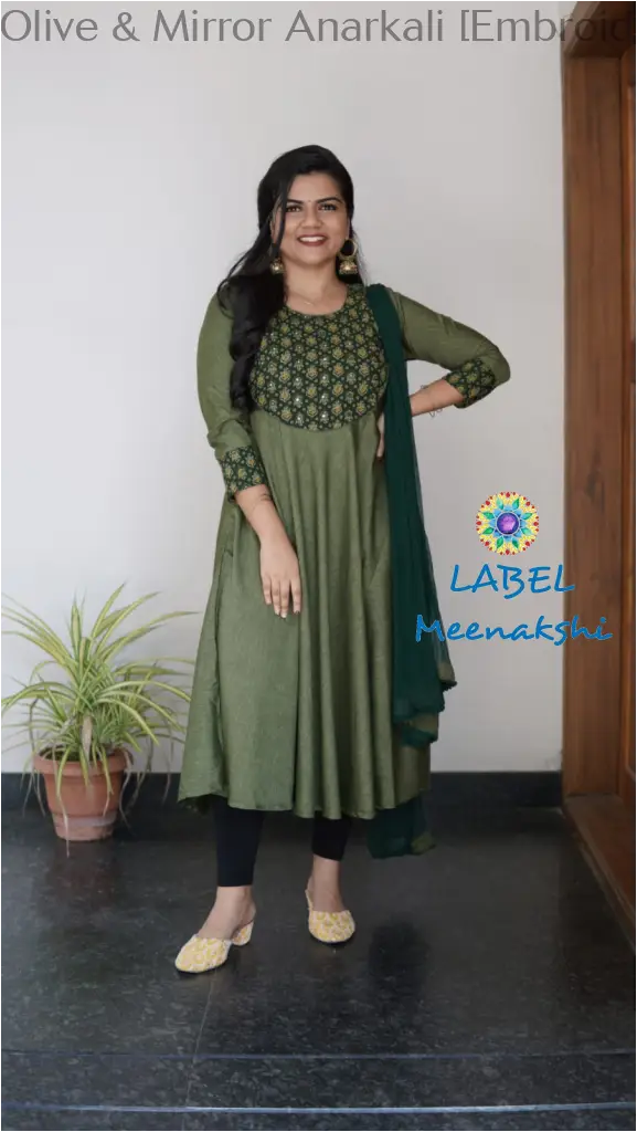 Olive & Mirror Emblished Solid Anarkali Sets