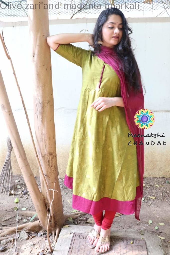 Olive Zari And Magenta Anarkali With Duppatta Anarkali