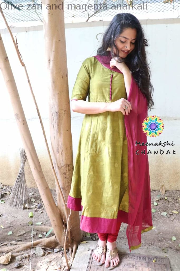 Olive Zari And Magenta Anarkali With Duppatta Anarkali