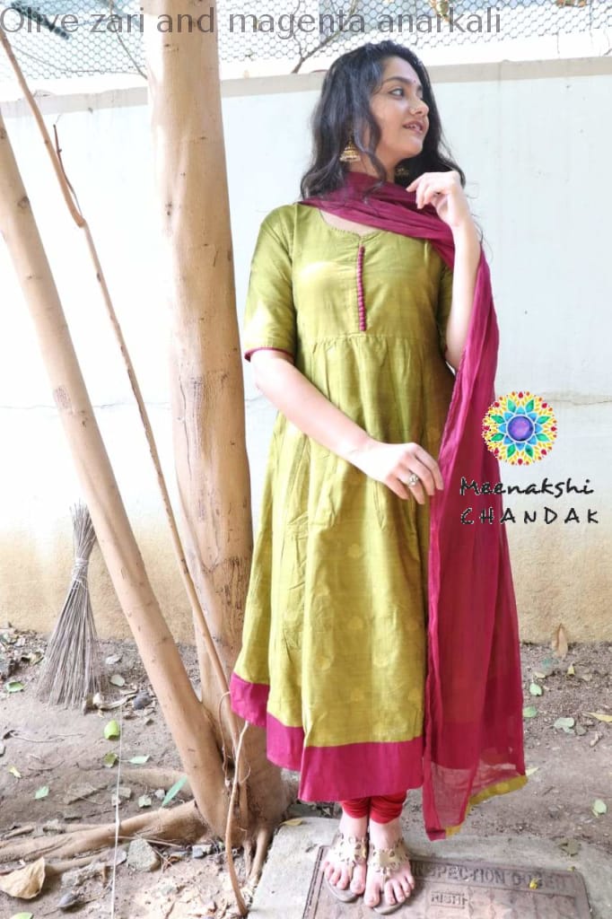 Olive Zari And Magenta Anarkali With Duppatta Anarkali